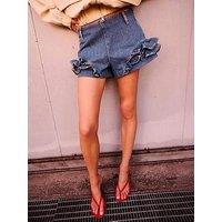 Mango Starring Hailey Bieber Frilled Denim Mini Shorts - Blue