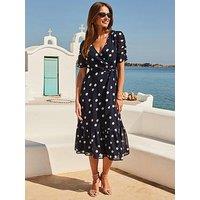 Sosandar Spot Print Faux Wrap Dress - Navy & White