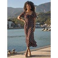 Sosandar Spot Print Chiffon Frill Hem Midaxi Dress - Chocolate Brown & Cream