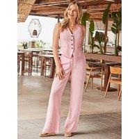 Sosandar Pale Linen Blend Wide Leg Trousers - Pink
