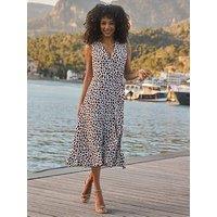 Sosandar Brown & Ivory Spot Print Fit & Flare Belted Wrap Dress