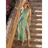 Sosandar Scarf Print Satin Wrap Front Midi Dress - Green