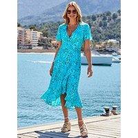 Sosandar Animal Print Ruffle Hem Wrap Dress - Aqua Blue