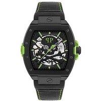 Philipp Plein Philipp Plein, The Skeleton Automatic Ip Black Case, With Green Dial And Black Leather Strap