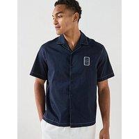 Lacoste Premium Open Collar Embroidered Short Sleeve Shirt - Navy