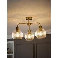 Valuelights Maddison Clear Ribbed Glass Globe Shades Brushed Gold 3 Arm Ceiling Light - With Bulb