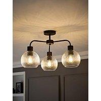 Valuelights Maddison Clear Ribbed Glass Globe Shades Matte Black 3 Arm Ceiling Light - With Bulb
