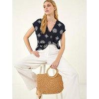 Roman Embroidered V-Neck Pleat Top