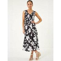 Roman Petite Floral Print Shirred Midi Dress