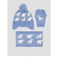 The Very Collection Toddler Dinosaur Hat, Snood And Mitten Set - Blue