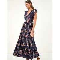Roman Floral Print Shirred Waist Midi Dress