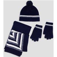 The Very Collection Boys Striped Pom-Pom Hat Scarf And Gloves Set - Navy