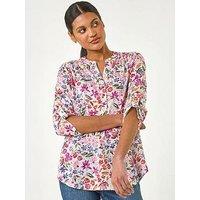 Roman Floral Print Burnout V-Neck Top