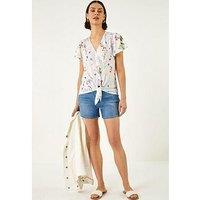 Roman Floral Print Tie Front Top