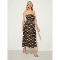 Long Tall Sally Polkadot Pleat Bardot Dress - Brown
