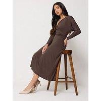 Pixiegirl Petite 3/4 Wrap Midi Dress - Brown