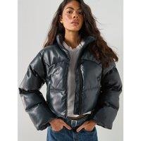 Levi'S Womens Palmer Cropped Faux Leather Puffer Jacket - Anthracite Night