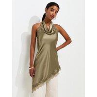 New Look Satin Lace Trim Asymmetric Hem Cowl Neck Top - Green