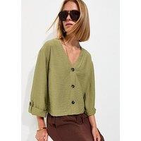 New Look Crinkle Texture V-Neck Shirt - Green