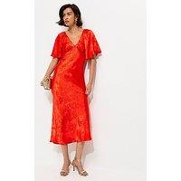 New Look Palm Leaf Jacquard Flutter Sleeve Midi Dress - Bright Orange