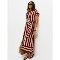 New Look Striped Short Sleeve Midi Shirt Dress - Brown