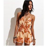 New Look Palm Tree Print Crepe Playsuit - Orange
