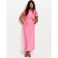 New Look Satin Spot Print Flutter Sleeve Midi Dress - Pink