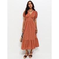 New Look Rust Cotton Broderie Anglaise Puff Sleeve Midi Dress - Orange