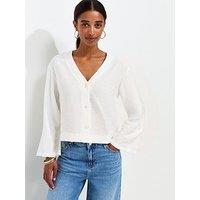 New Look Crinkle Texture V-Neck Shirt - Cream