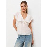New Look Crinkled Lace Trim Ruffled Collar Blouse - Cream