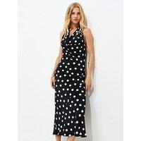 New Look Satin Polka Dot Cowl Halterneck Midi Dress - Black