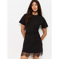 New Look Cotton Rich Ruched Lace Hem T-Shirt Dress - Black
