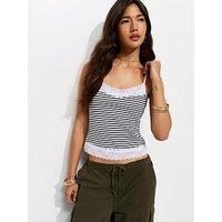 New Look Cotton Rich Ribbed Striped Lace Trim Cami Top - White