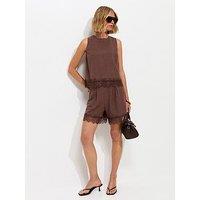 New Look Cotton Lace Hem Shorts - Brown