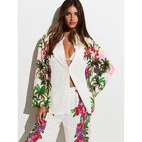 New Look Crinkle Texture Oversized Parrot Print Beach Co-Ord Shirt - White