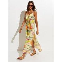 New Look Multicoloured Fruit Print Slit Hem Cotton Maxi Dress - Yellow