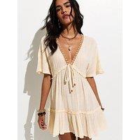 New Look Dobby Texture Beaded Embroidered Trim Kaftan Dress - Off White