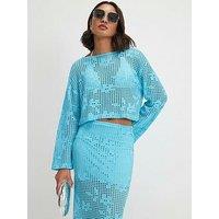 River Island Long Sleeve Floral Crochet Co-Ord Top - Turquoise Blue