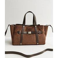 New Look Faux Suede Triple Compartment Tote Bag - Brown