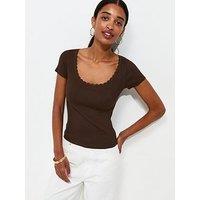 New Look Lace Trim Scoop Neck T-Shirt - Brown