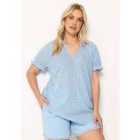 Yours Curve Gingham V Neck Blouse - Blue