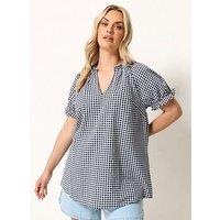 Yours Curve Gingham Notch Neck Blouse - Blue