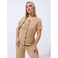 Yours Curve Short Sleeve Textured Button Top Co Ord - Cream