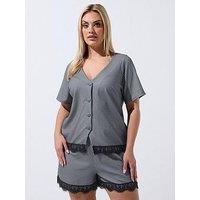 Yours Curve Pinstripe Lace Hem Top - Grey