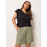 Yours Curve Poplin Cargo Shorts - Green