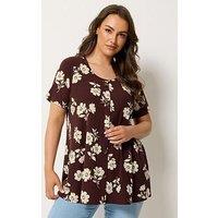 Yours Curve Printed Button Front Swing T-Shirt - Brown