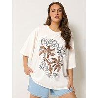 Yours Curve Placement Sequin Detail Boxy T-Shirt - Cream