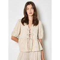Apricot 3D Embroidered Peplum Linen Top - Cream