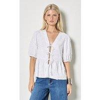 Apricot 3D Embroidered Peplum Linen Top - White