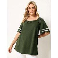Yours Curve Ric Rac Square Neck T-Shirt - Green